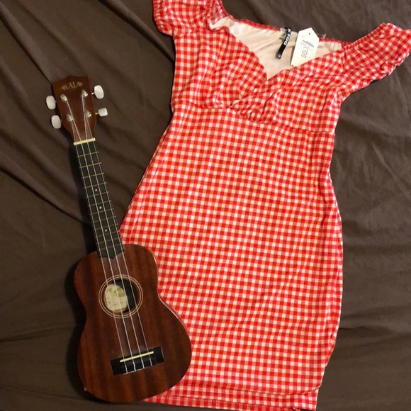 k too Dresses & Skirts - Off shoulder red gingham picnic dress